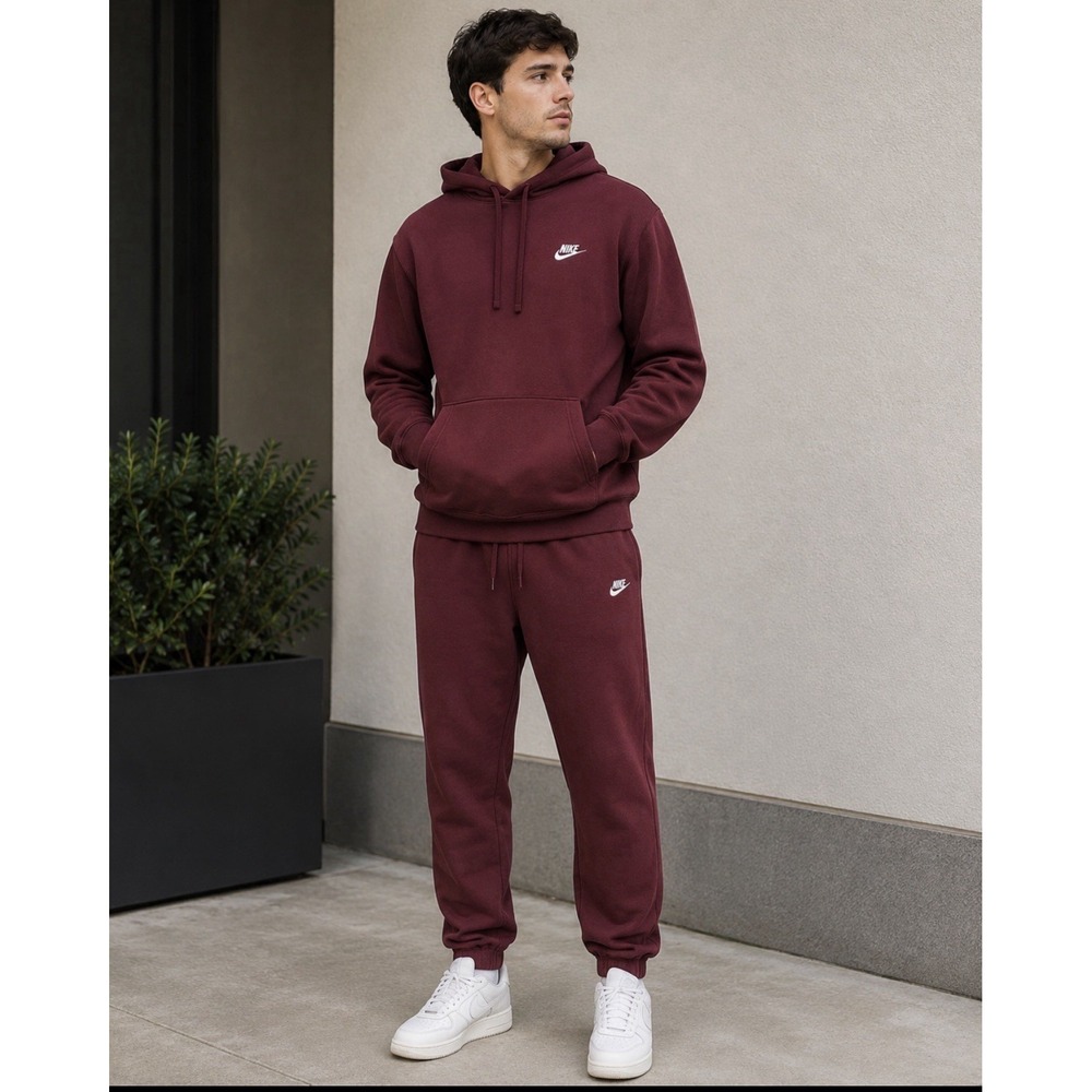 Mens Nike Hoodie Jogger Set Burgundy NWT Fleece Pullover M Pants S 100% Cotton